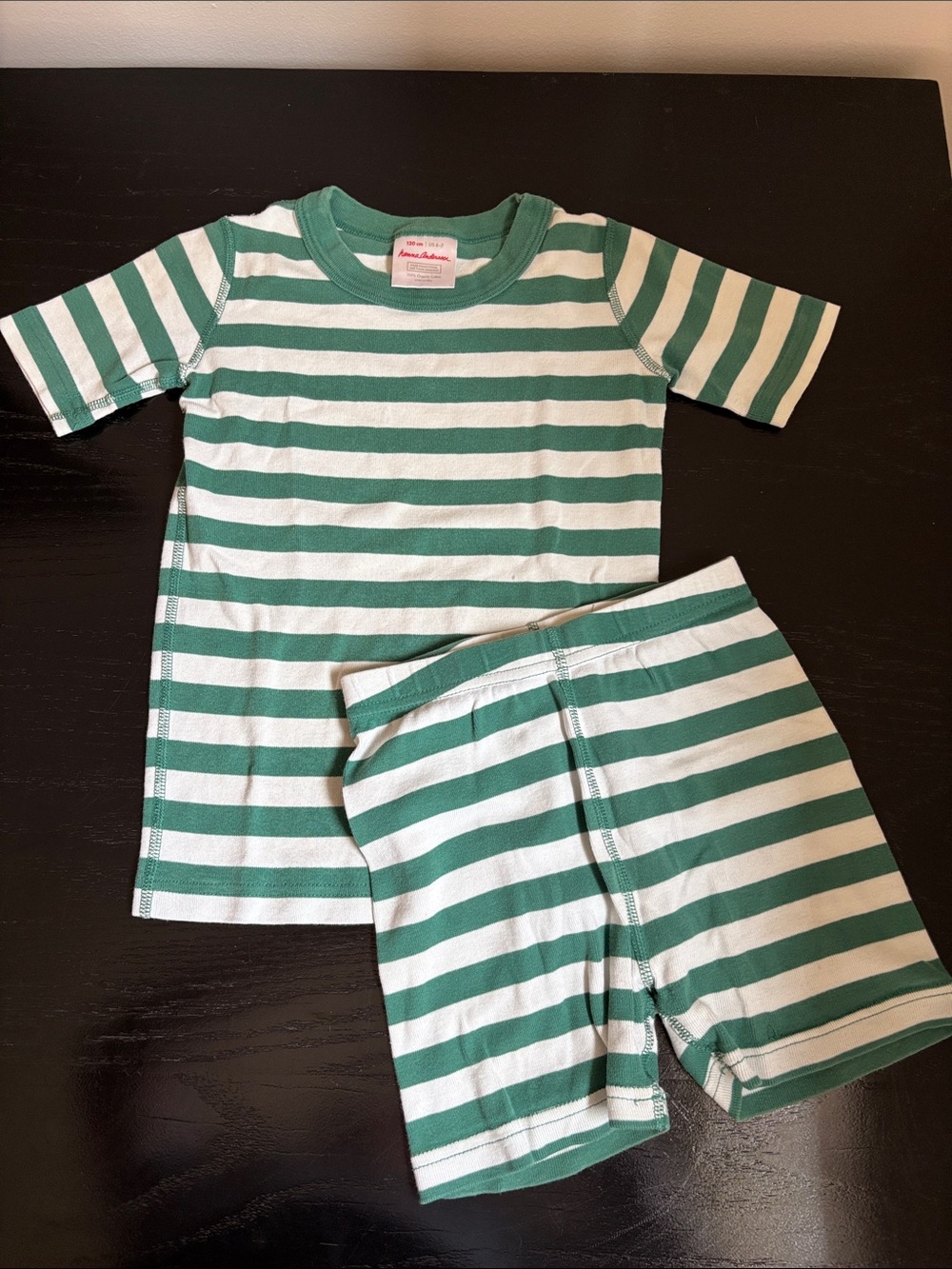 Hanna Andersson Organic Cotton Green Striped Short-Sleeve Pajama Set sz 6-7/ 120